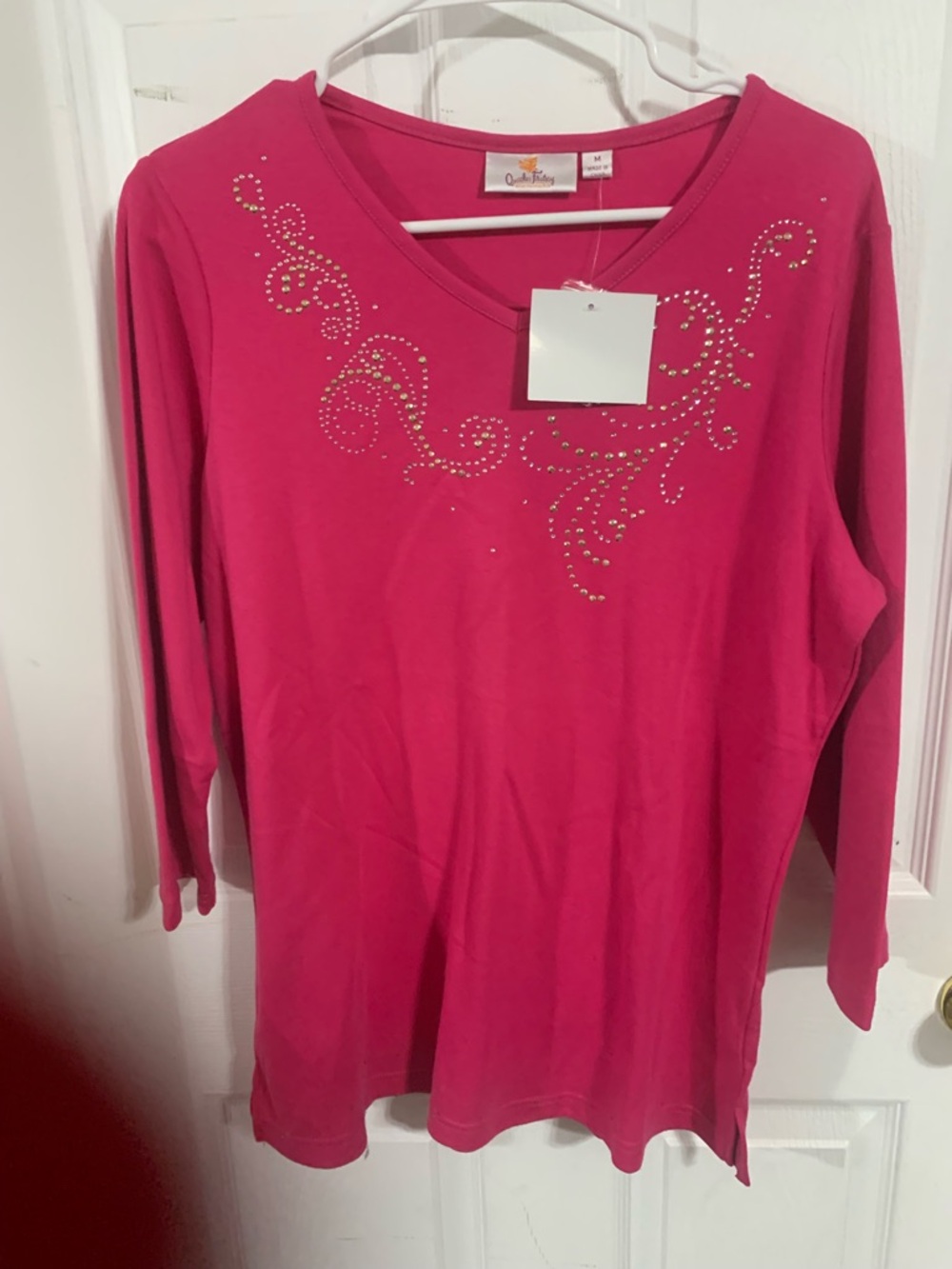 Quacker Factory Hot Pink V-Neck Long Sleeve Top with Rhinestone Swirl